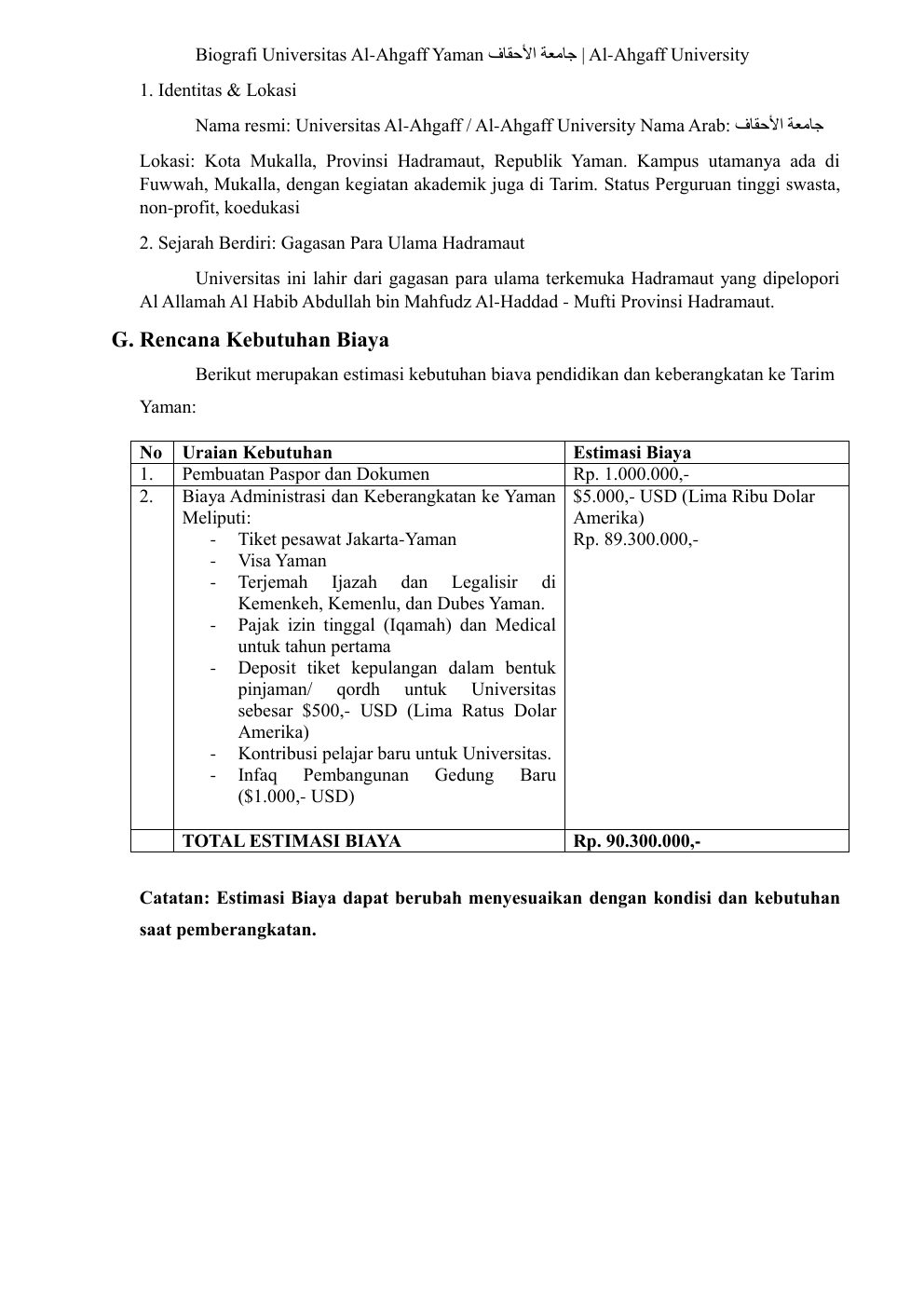 Rincian kebutuhan biaya
